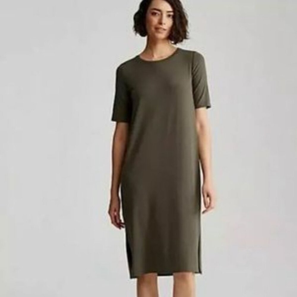EILEEN FISHER Dark green MIDI DRESS - So Comfy!! Short Sleeve w/ Side Slits